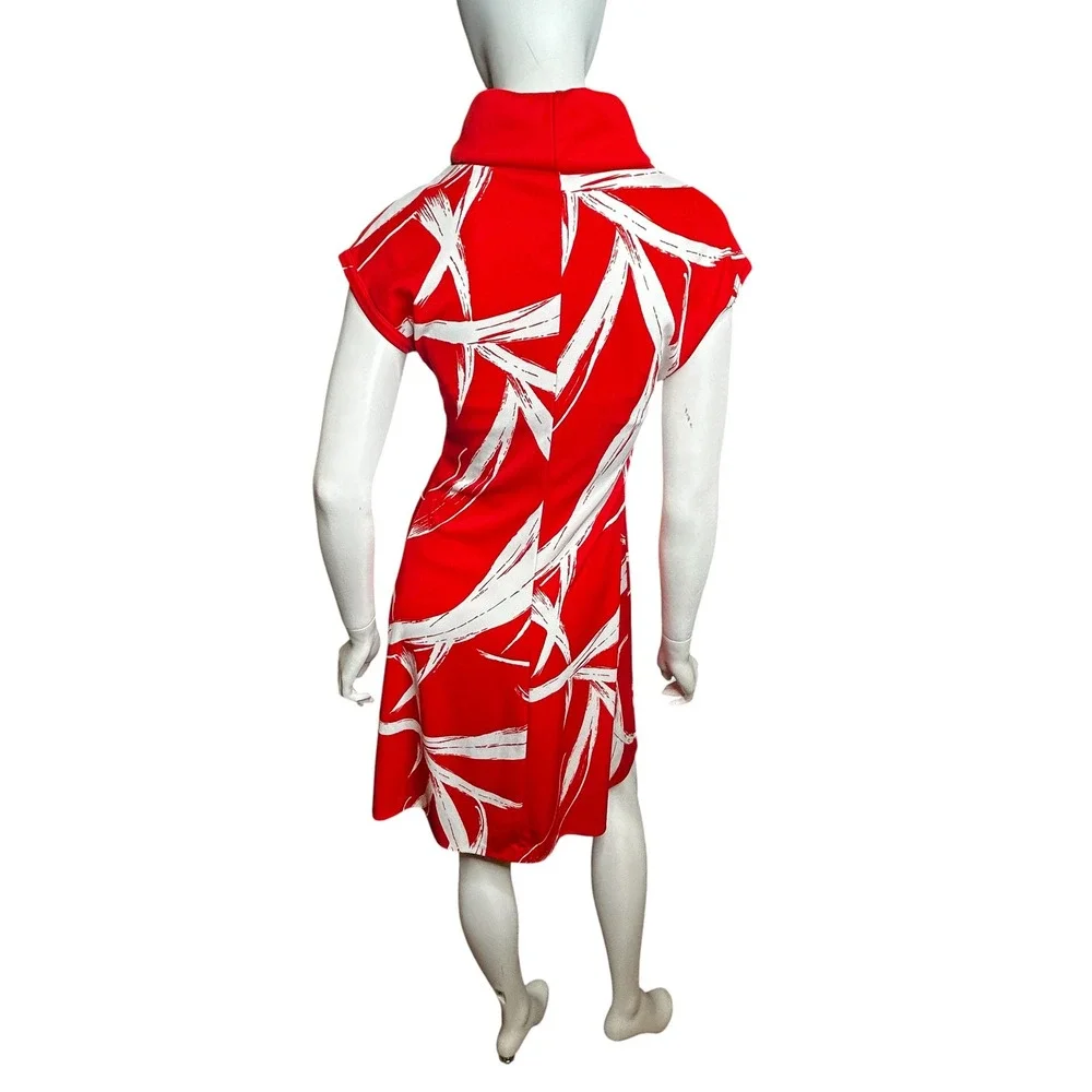 Vintage 70s Dress Red Abstract Cowl Neck Small